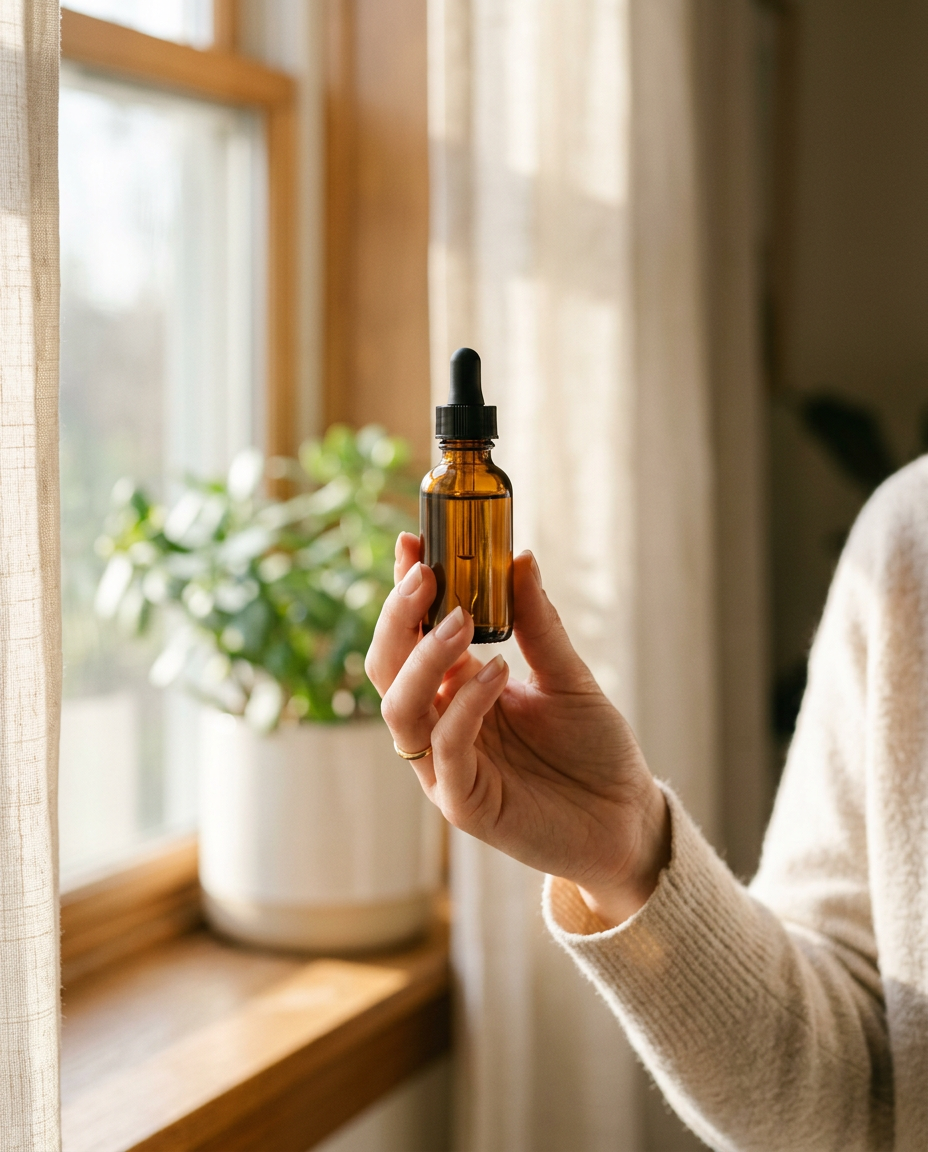 Sample competitor ad creative: a hand holding a serum bottle by a window
